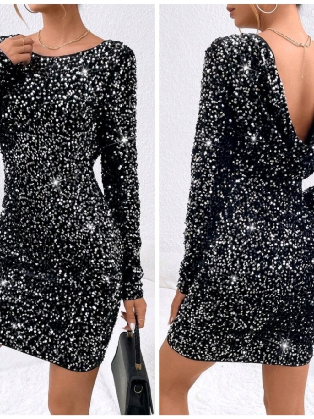 New Draped Back Sequin Velvet Dress Long Sleeve Short Black Silver